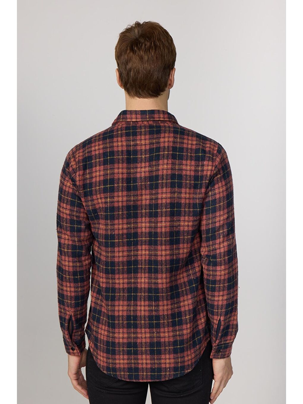 Kahverengi Slim Fit Uzun Kollu Dar Kesim Kareli Kışlık Oduncu Kiremit Erkek Gömlek-4