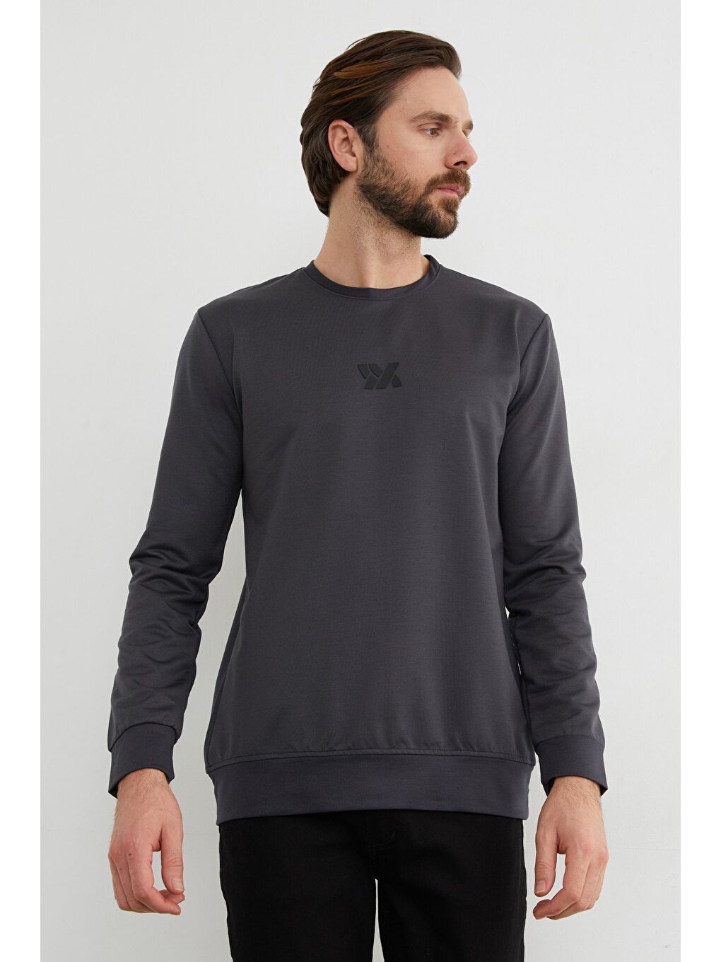 Antrasit Kabartma Baskılı Bisiklet Yaka Sweatshirt-2