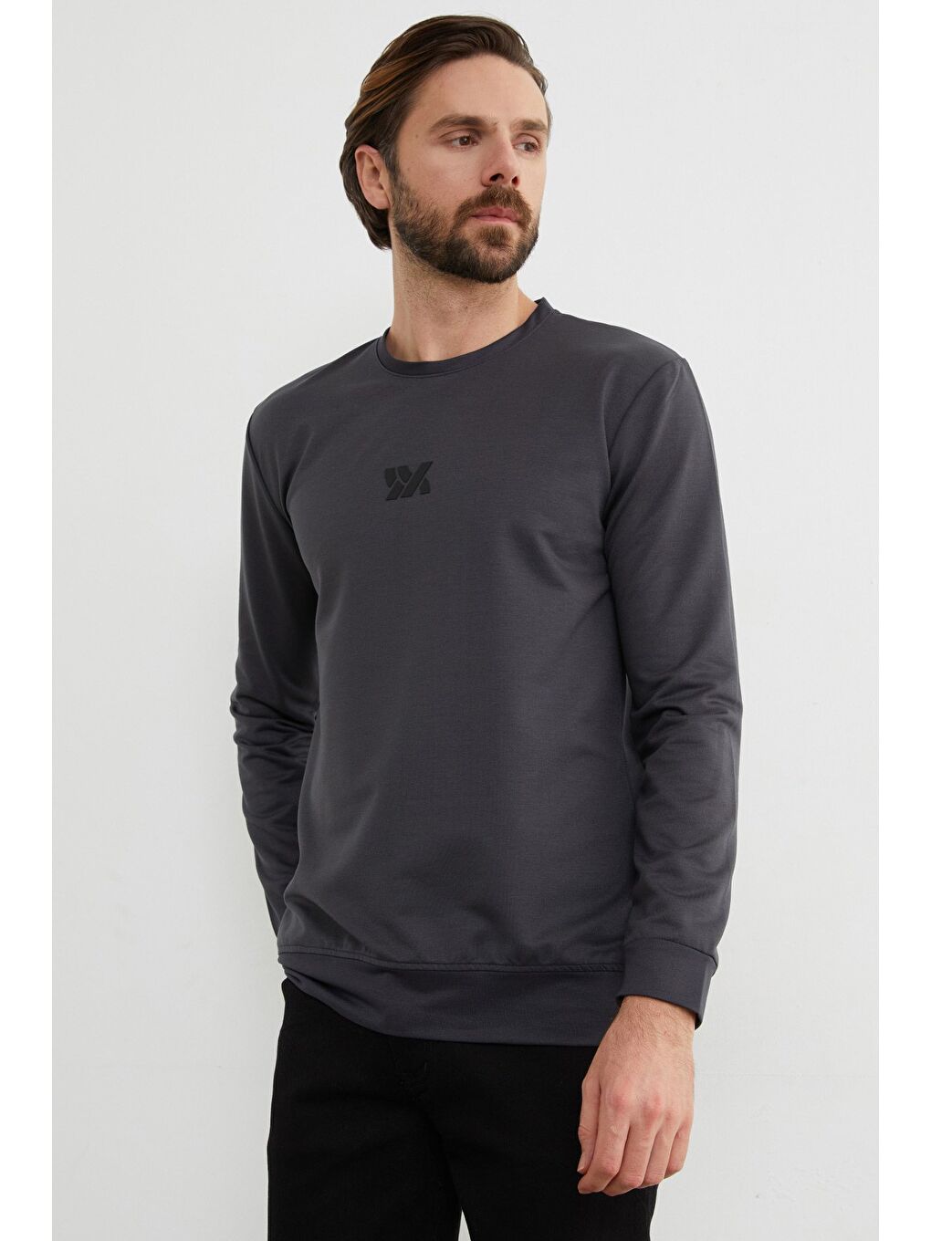 Antrasit Kabartma Baskılı Bisiklet Yaka Sweatshirt-3