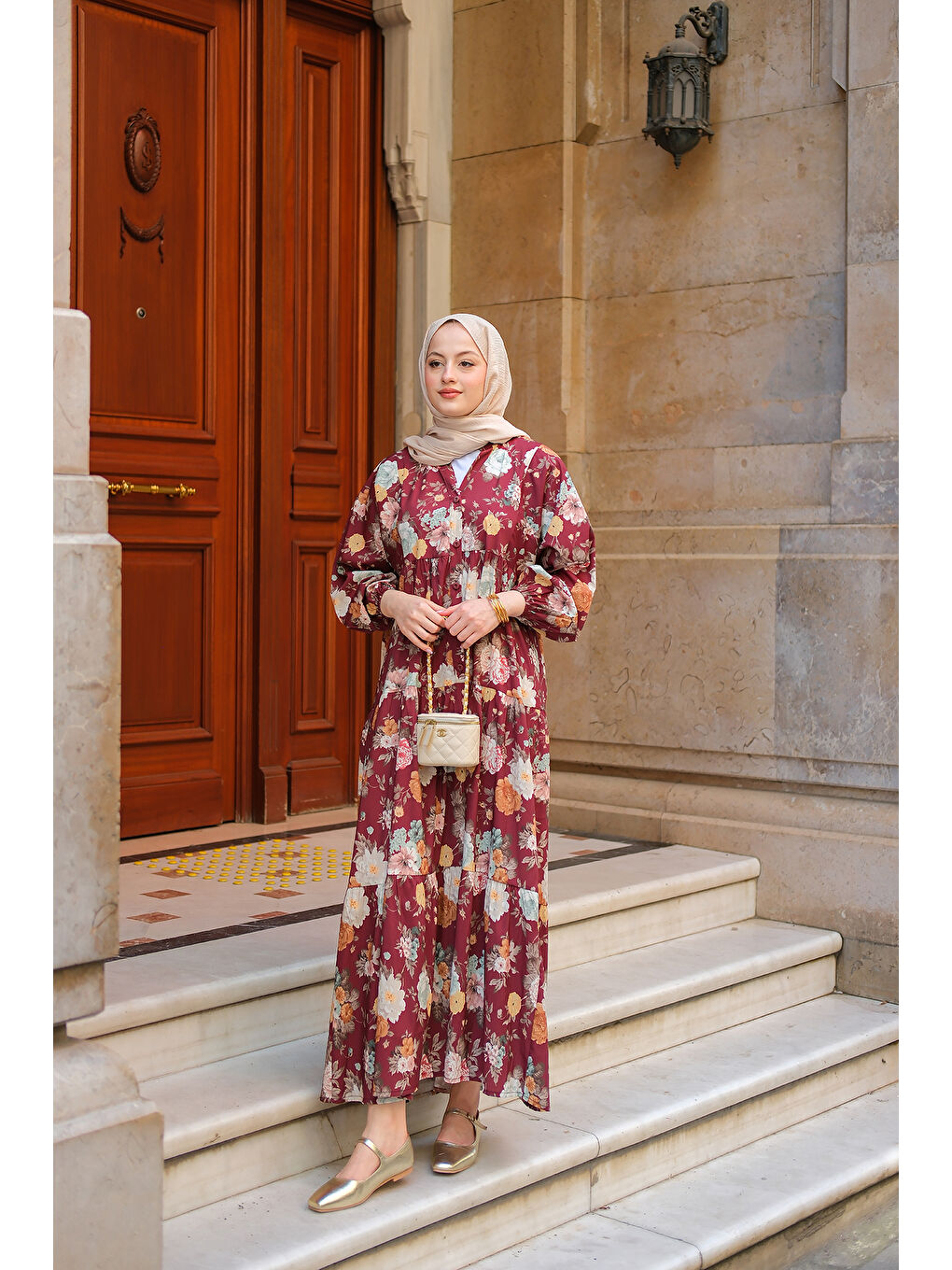 Kadın Rose Desenli Elbise Bordo-3