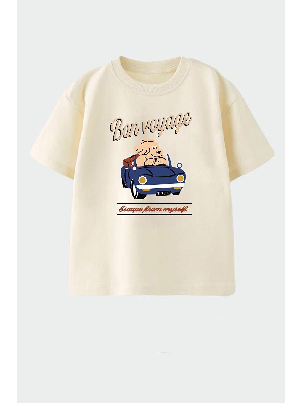 Erkek Çocuk Bej Pamuklu Baskılı Bisiklet Yaka T-Shirt