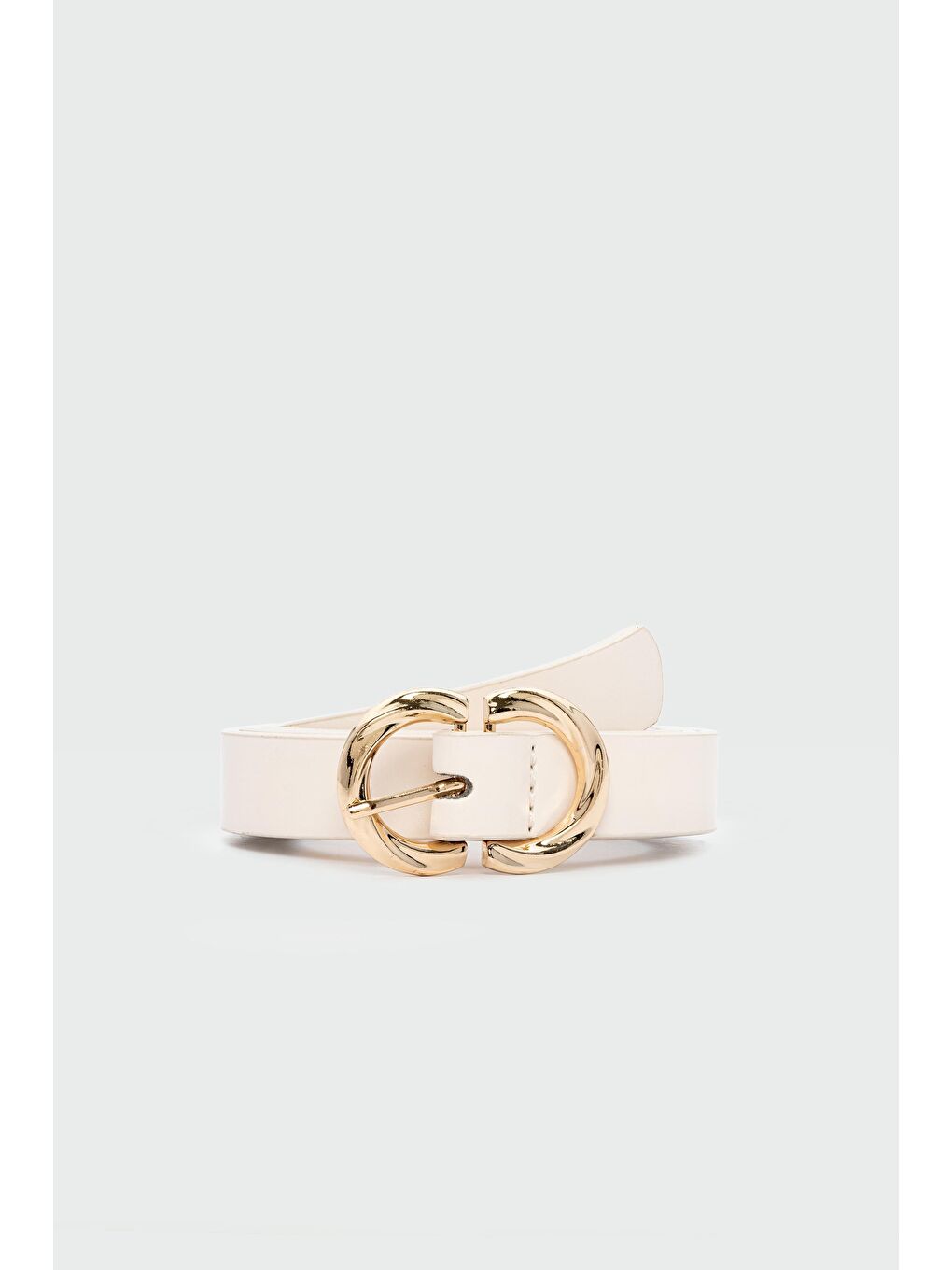 Ekru Burgu Çift Oval Tokalı Suni Deri Kemer Krem