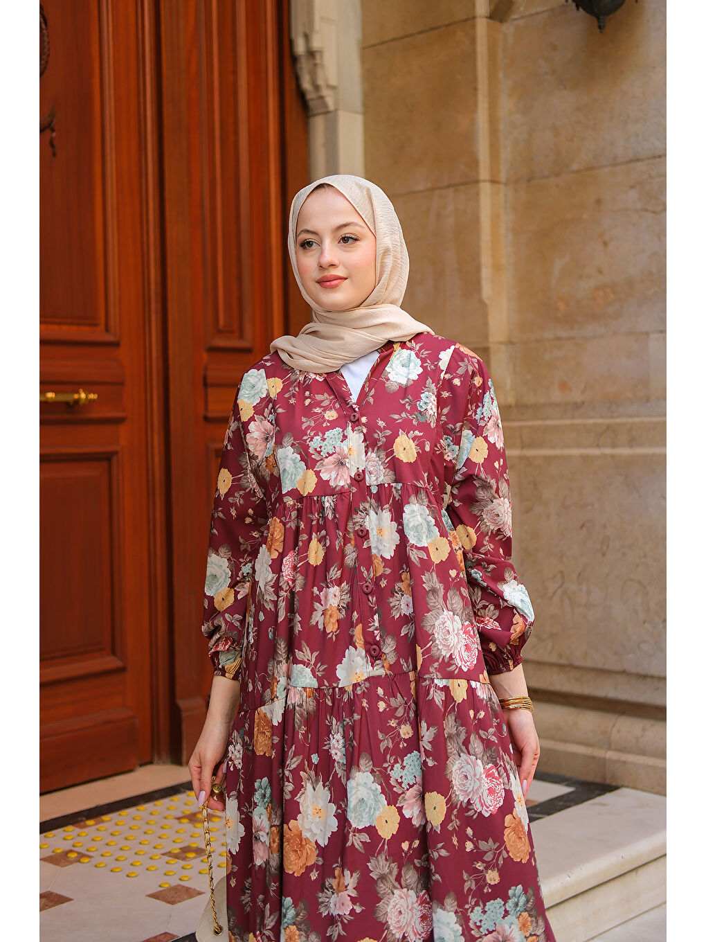 Kadın Rose Desenli Elbise Bordo-4