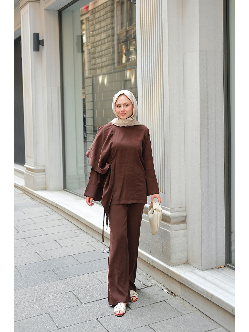 Kadın Pelerinli Modal Takım Kahverengi
