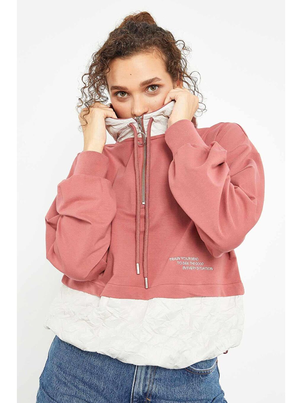 Pembe Yaban Gülü Balon Kol Paraşüt Kumaş Detaylı Kadın Oversize Sweatshirt - 97167