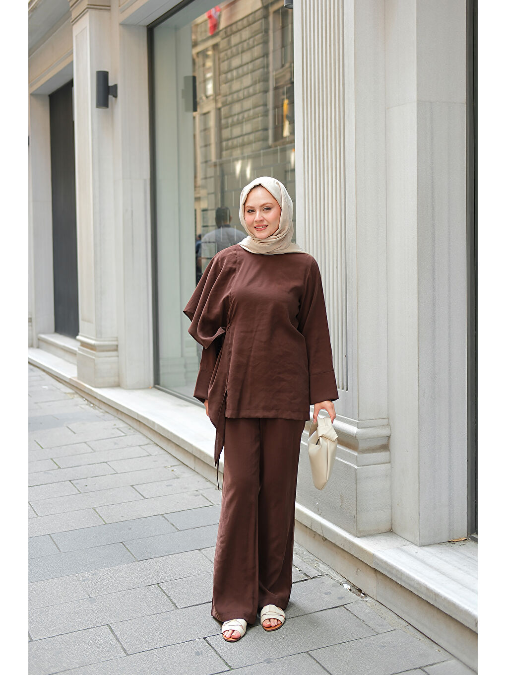 Kadın Pelerinli Modal Takım Kahverengi-1