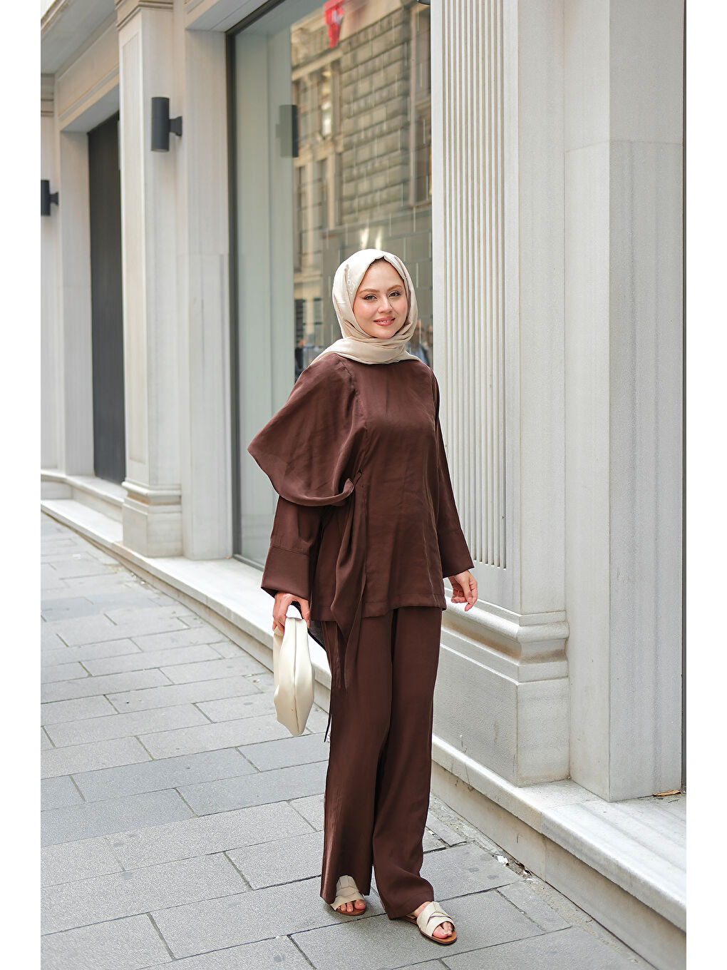 Kadın Pelerinli Modal Takım Kahverengi-3
