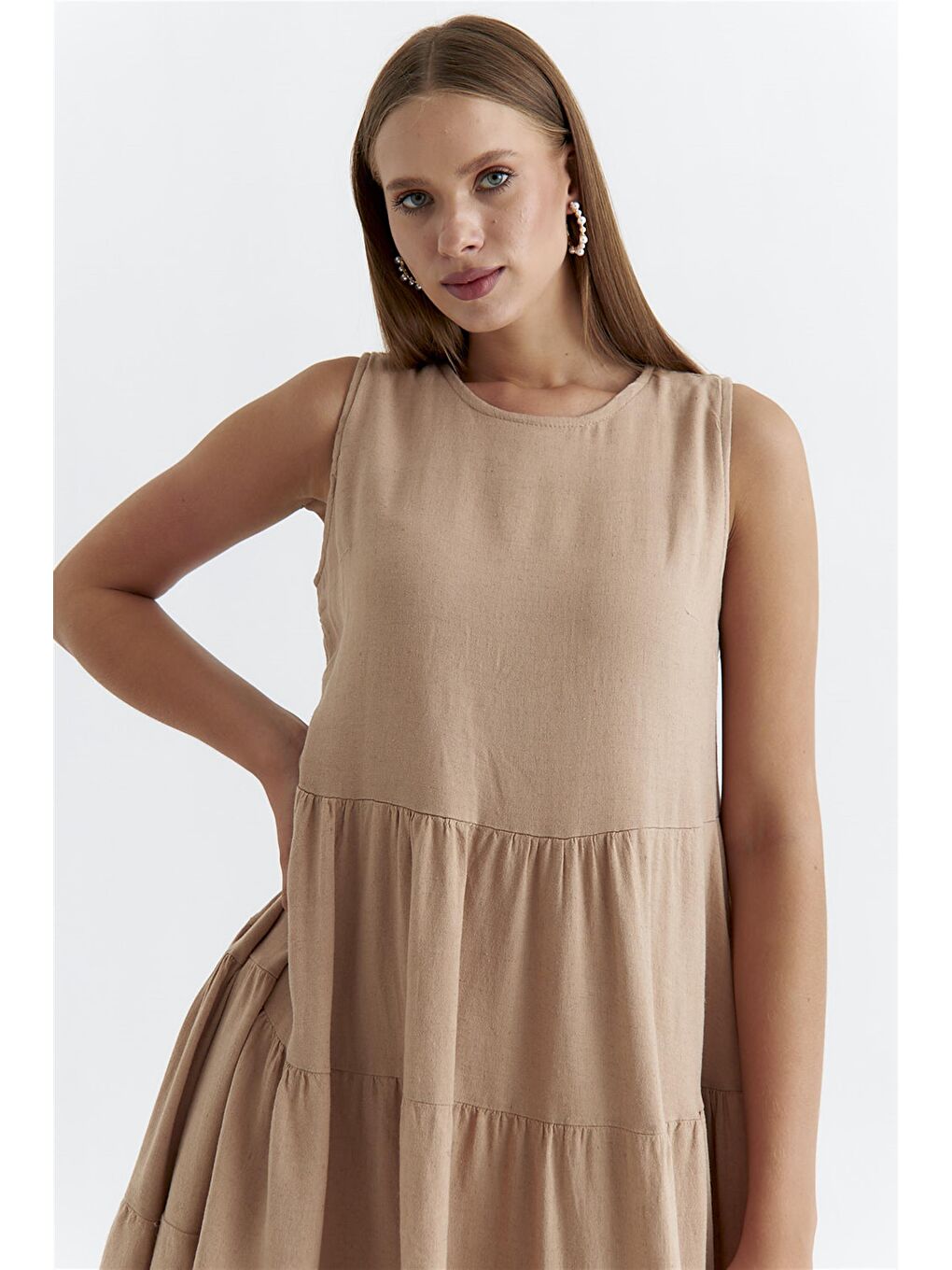 Kahverengi Askılı Katlı Mini Camel Elbise-2