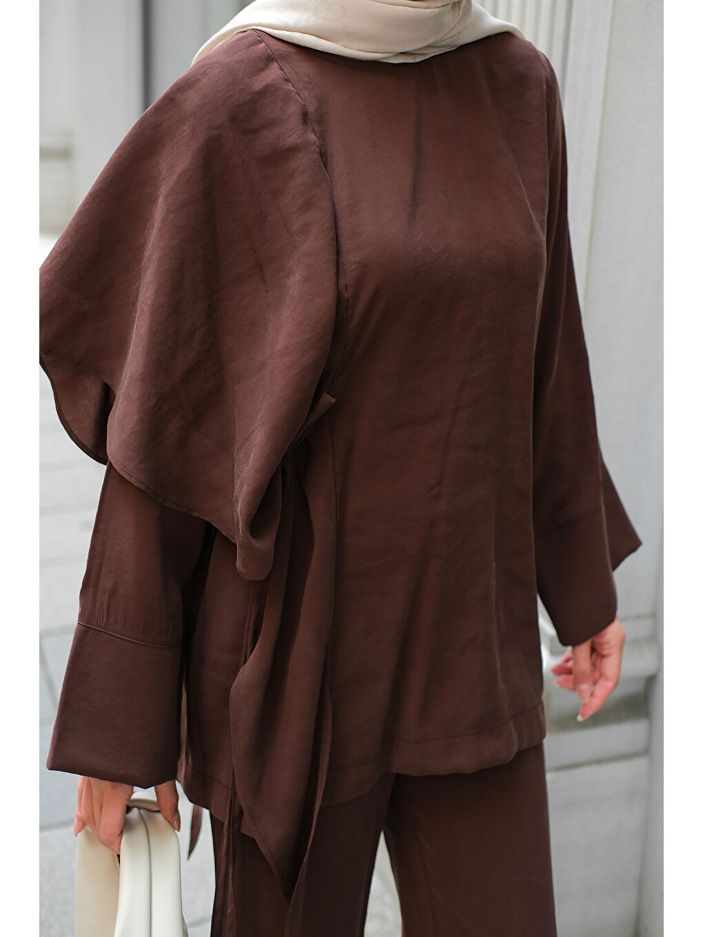 Kadın Pelerinli Modal Takım Kahverengi-4