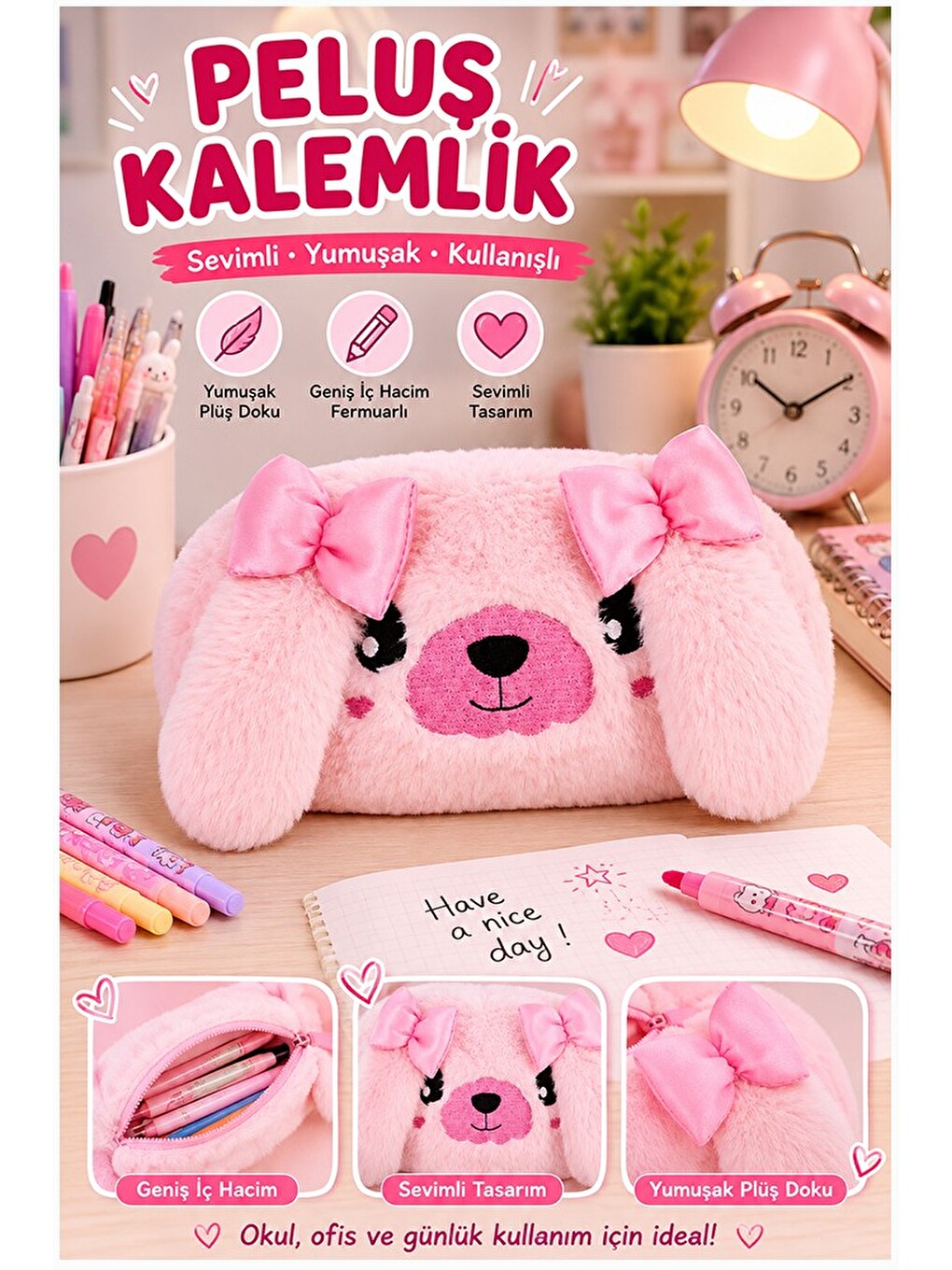Pembe Pelüş Tatlı Köpek Fermuarlı Tek Bölmeli Kız Kalemlik 1 Adet Tek Bölmeli Kalemlik Organizer 221