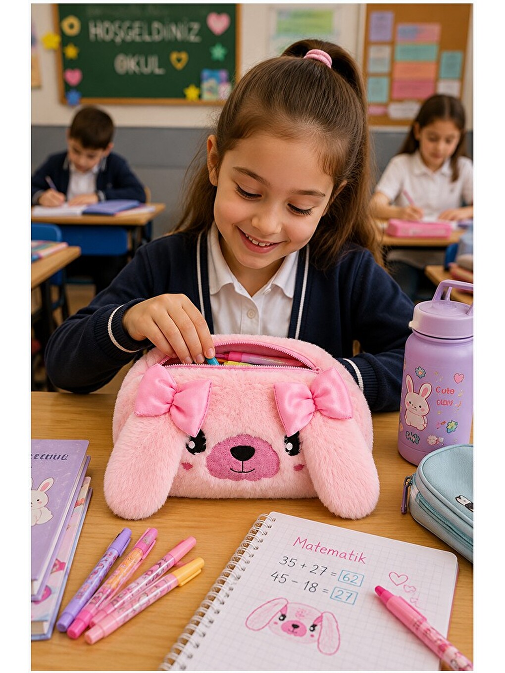 Pembe Pelüş Tatlı Köpek Fermuarlı Tek Bölmeli Kız Kalemlik 1 Adet Tek Bölmeli Kalemlik Organizer 221-1