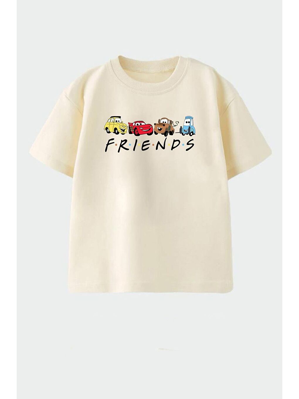 Bej Erkek Çocuk Pamuklu Bisiklet Yaka Araba Baskılı T-Shirt