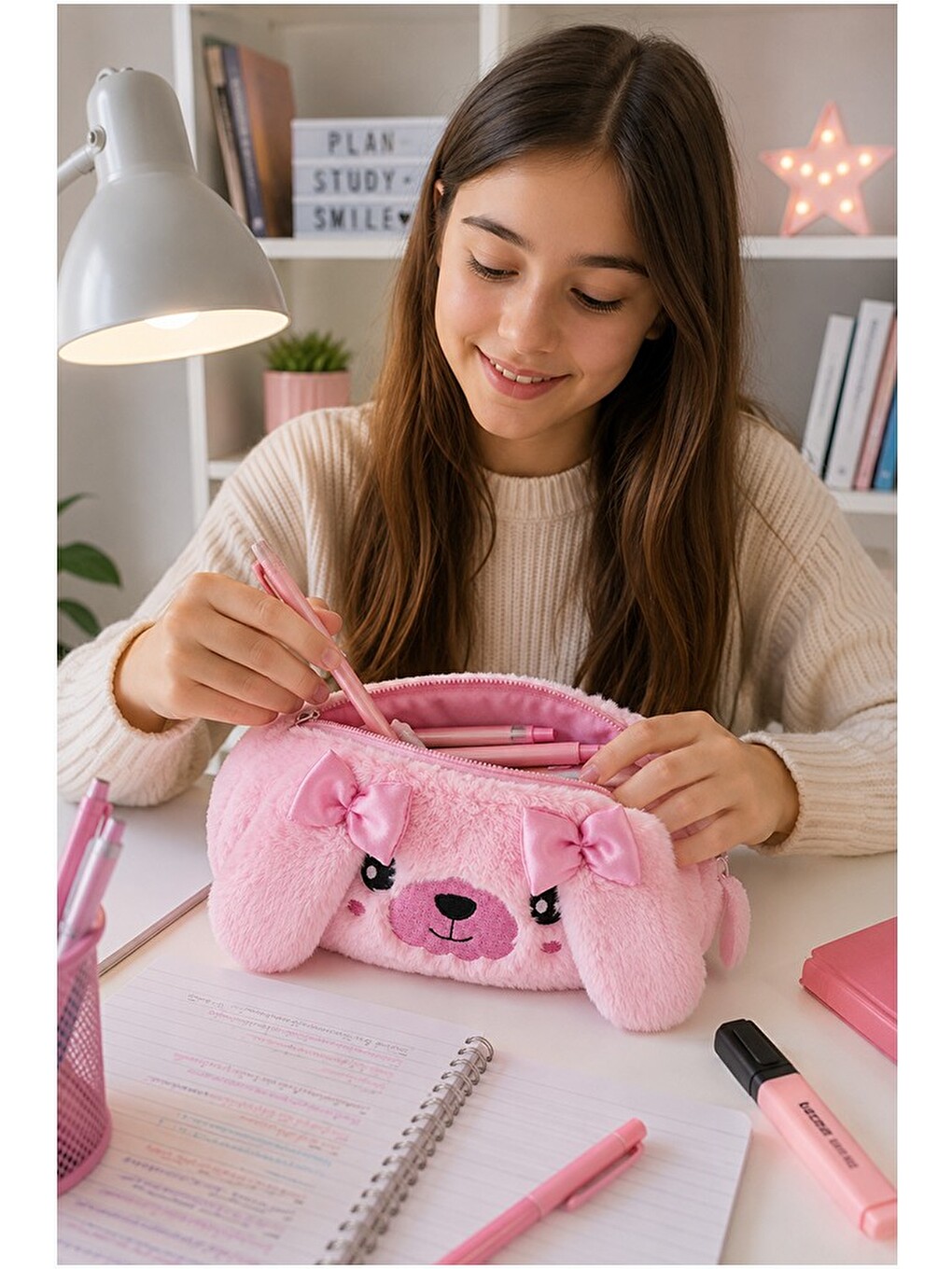 Pembe Pelüş Tatlı Köpek Fermuarlı Tek Bölmeli Kız Kalemlik 1 Adet Tek Bölmeli Kalemlik Organizer 221-2