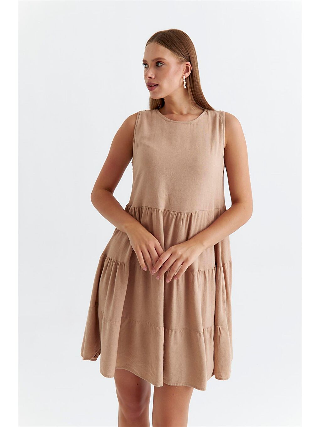 Kahverengi Askılı Katlı Mini Camel Elbise-3