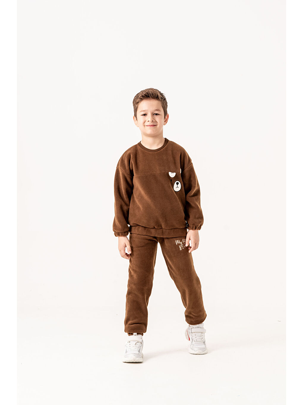 Kahverengi Aplikeli Ve Nakışlı Polar Erkek Çocuk Alt-Üst Eşofman Takımı-1