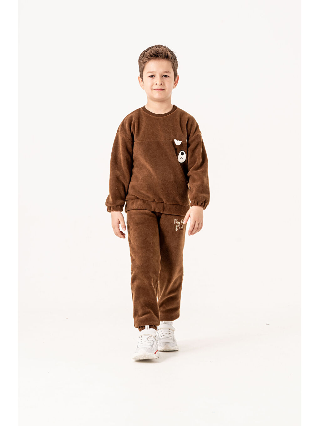 Kahverengi Aplikeli Ve Nakışlı Polar Erkek Çocuk Alt-Üst Eşofman Takımı-2