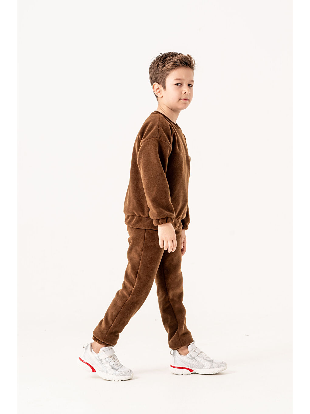 Kahverengi Aplikeli Ve Nakışlı Polar Erkek Çocuk Alt-Üst Eşofman Takımı-3