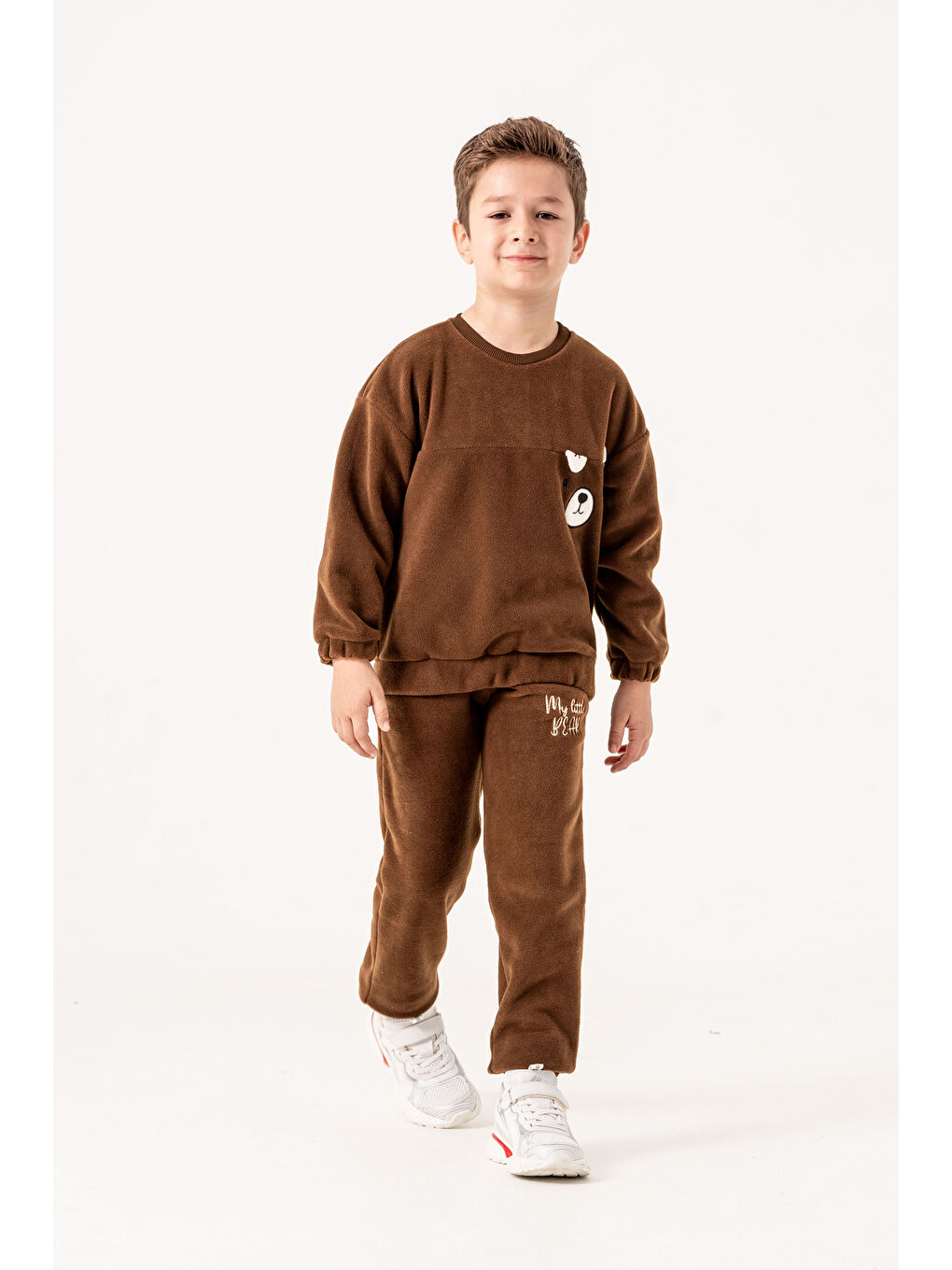 Kahverengi Aplikeli Ve Nakışlı Polar Erkek Çocuk Alt-Üst Eşofman Takımı-5