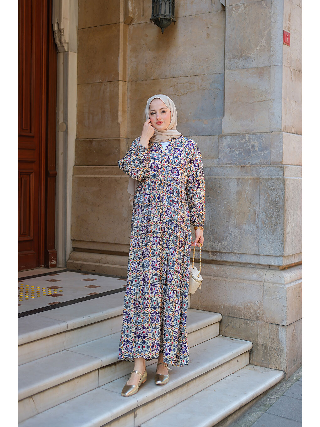 Kadın Stilize Çiçek Desenli Elbise Lacivert