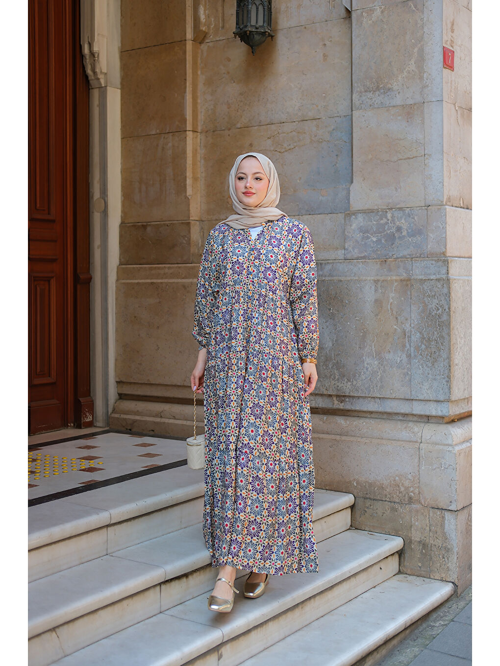 Kadın Stilize Çiçek Desenli Elbise Lacivert-1