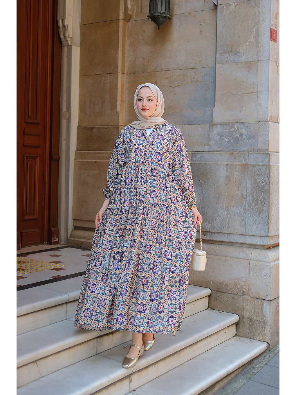 Kadın Stilize Çiçek Desenli Elbise Lacivert-2