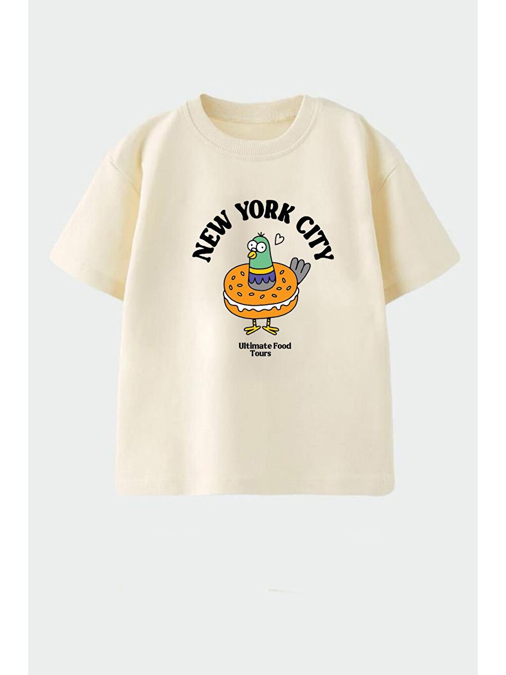 Bej Unisex Çocuk Pamuklu Bisiklet Yaka Baskılı T-Shirt