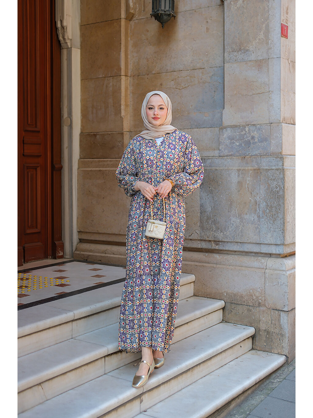 Kadın Stilize Çiçek Desenli Elbise Lacivert-3