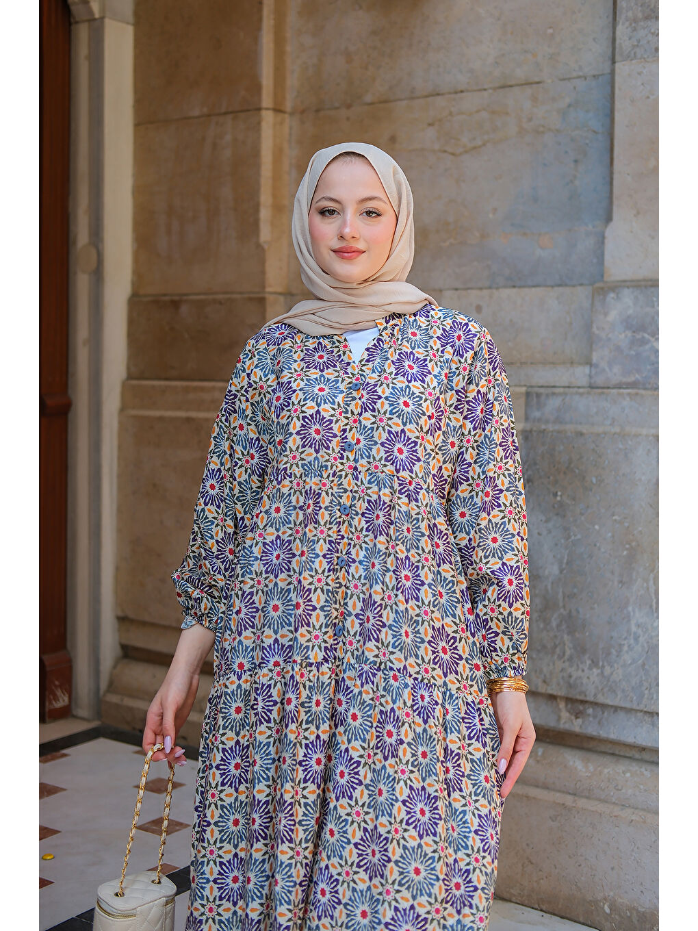 Kadın Stilize Çiçek Desenli Elbise Lacivert-4