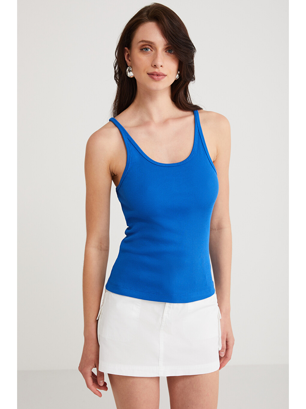 Lızeth Kadın Slim Fit Dar Kesim Oyuk Yaka İnce Askılı Basic Mavi Atlet