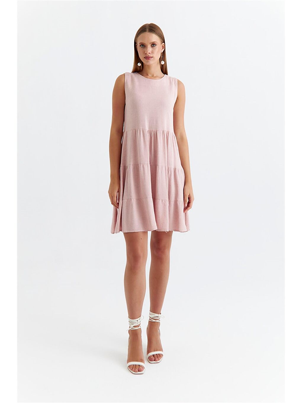 Askılı Katlı Mini Pudra Pembe Elbise