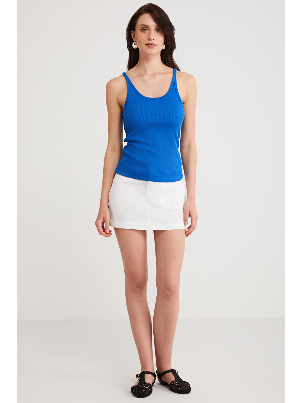 Lızeth Kadın Slim Fit Dar Kesim Oyuk Yaka İnce Askılı Basic Mavi Atlet-1