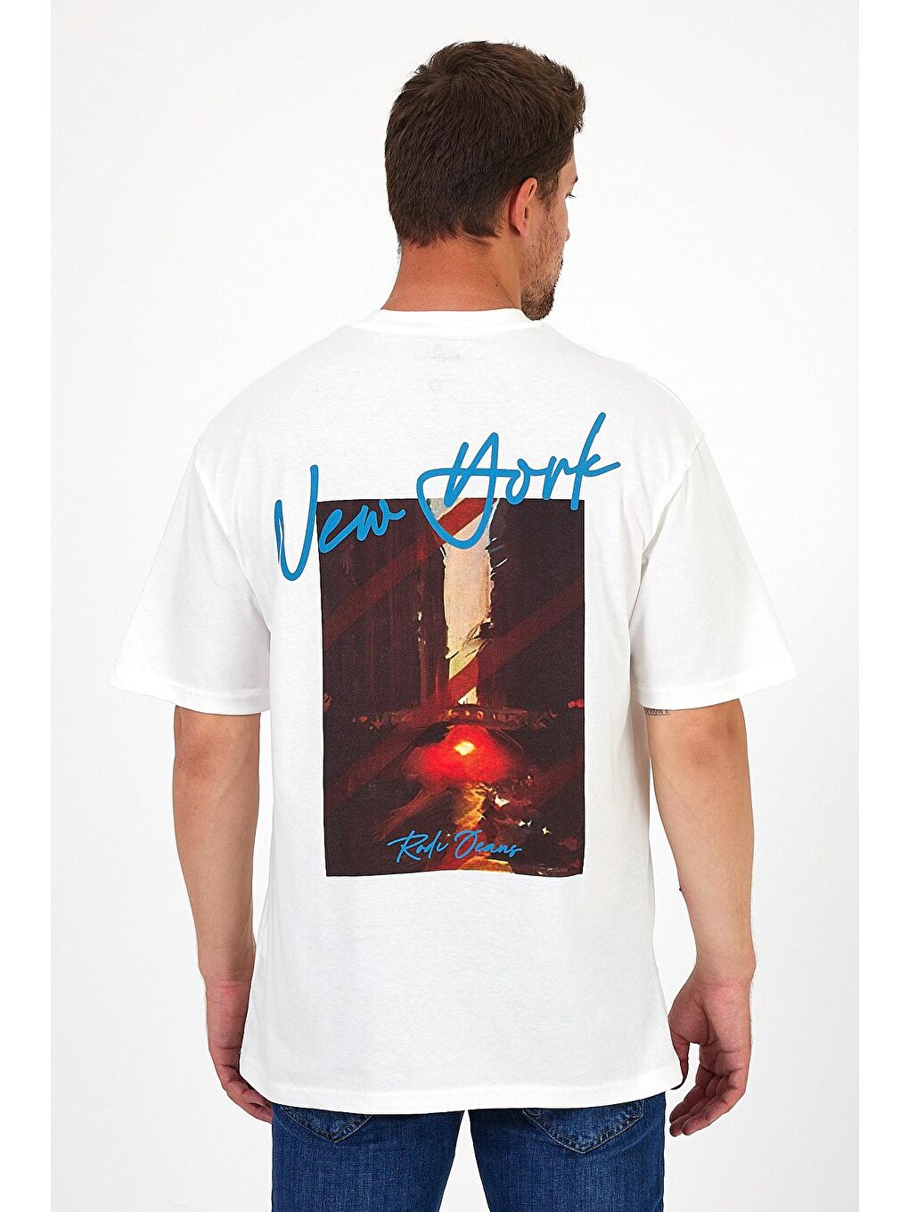 Beyaz Bisiklet Yaka Los Angeles Baskılı Erkek Tişört 7029-2