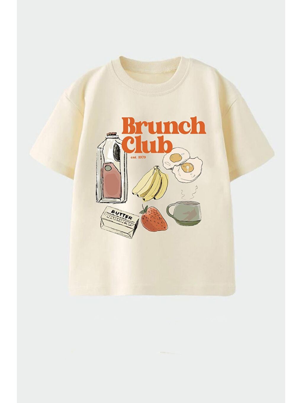 Bej Unisex Çocuk Baskılı Pamuklu Bisiklet Yaka T-Shirt