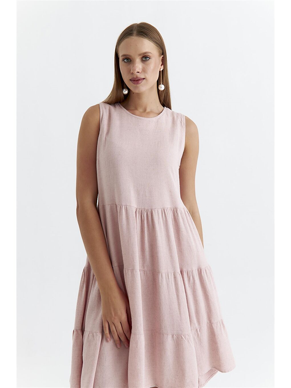 Askılı Katlı Mini Pudra Pembe Elbise-1