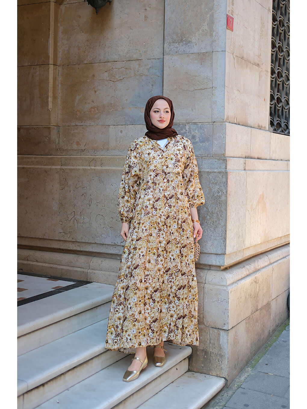 Kadın Çicek Desenli Elbise Yağ Yeşil-1