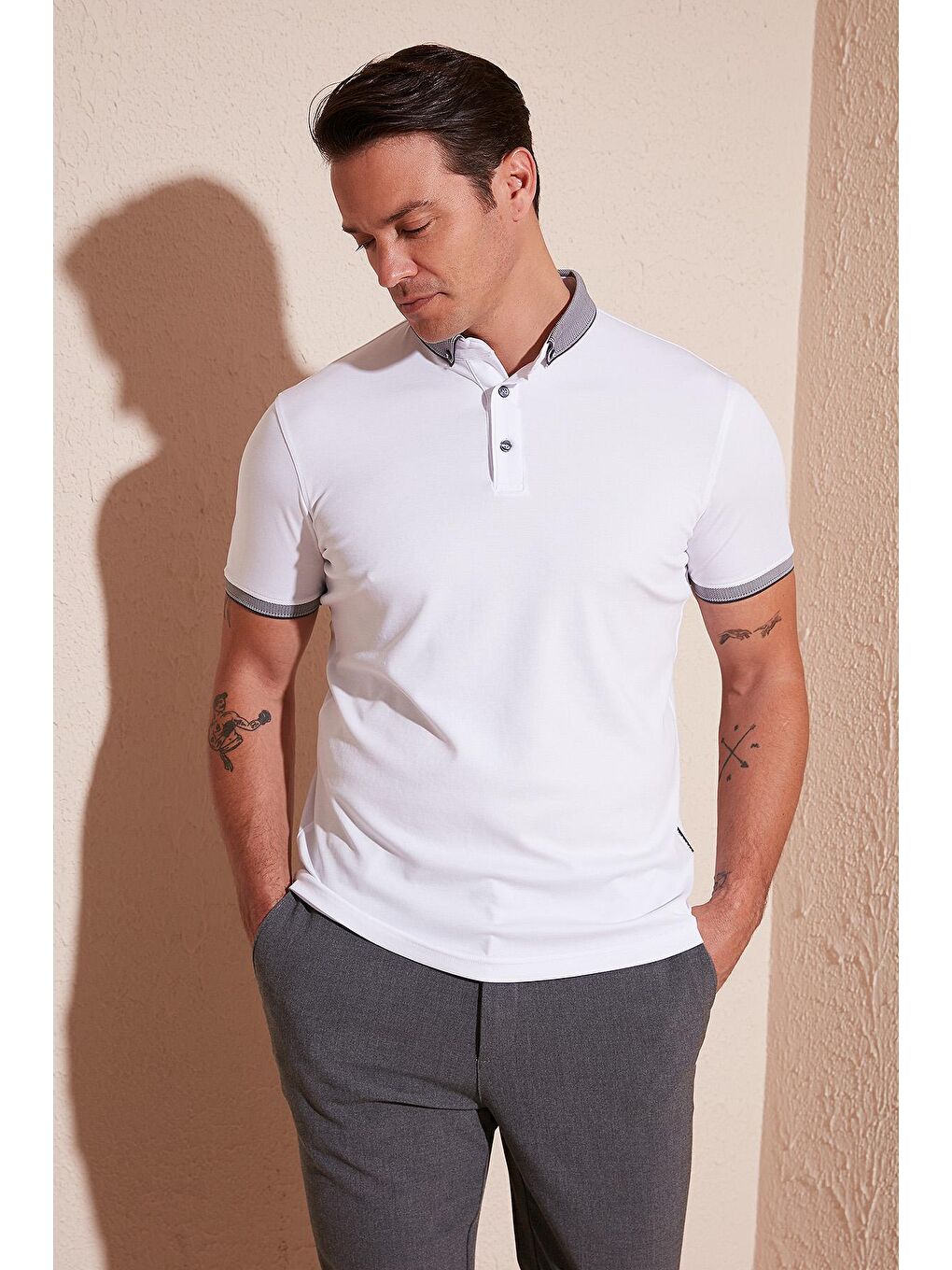 Buratti Antrasit-Beyaz Pamuklu Slim Fit Polo T Shirt 646R4560