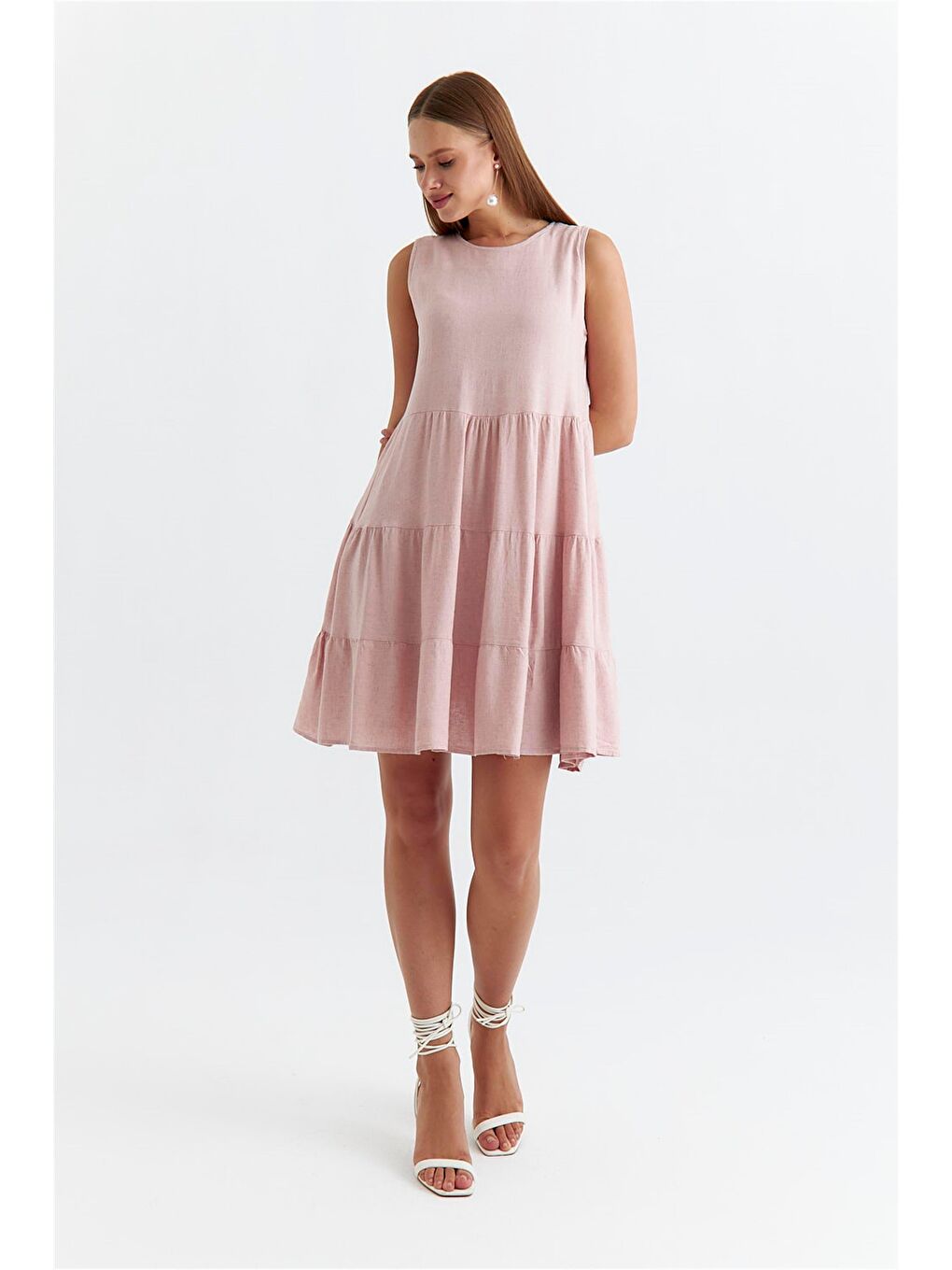 Askılı Katlı Mini Pudra Pembe Elbise-2
