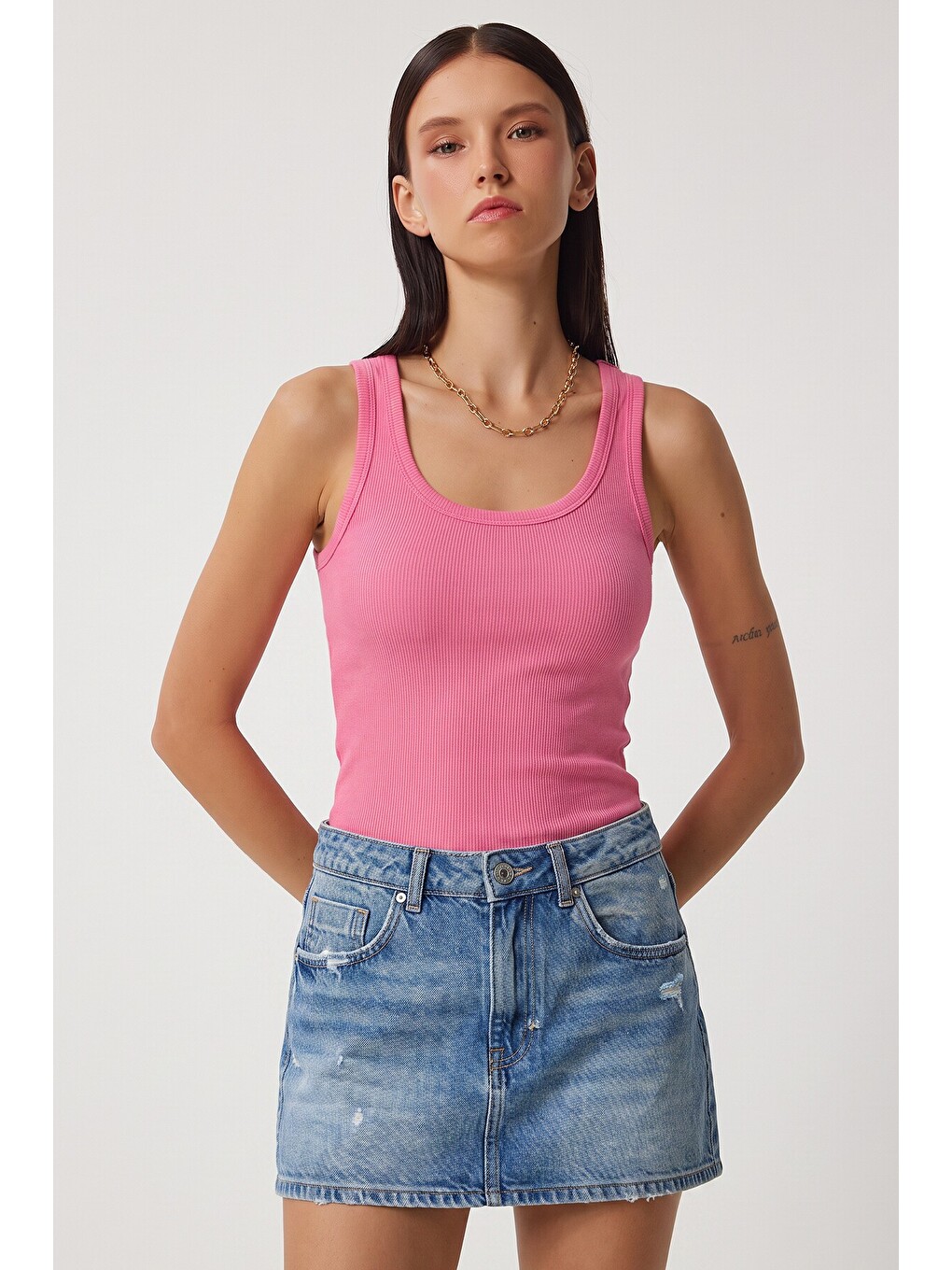 2'li Fitilli Kalın Askılı Örme Atlet Pembe Gri Lhj0002-1