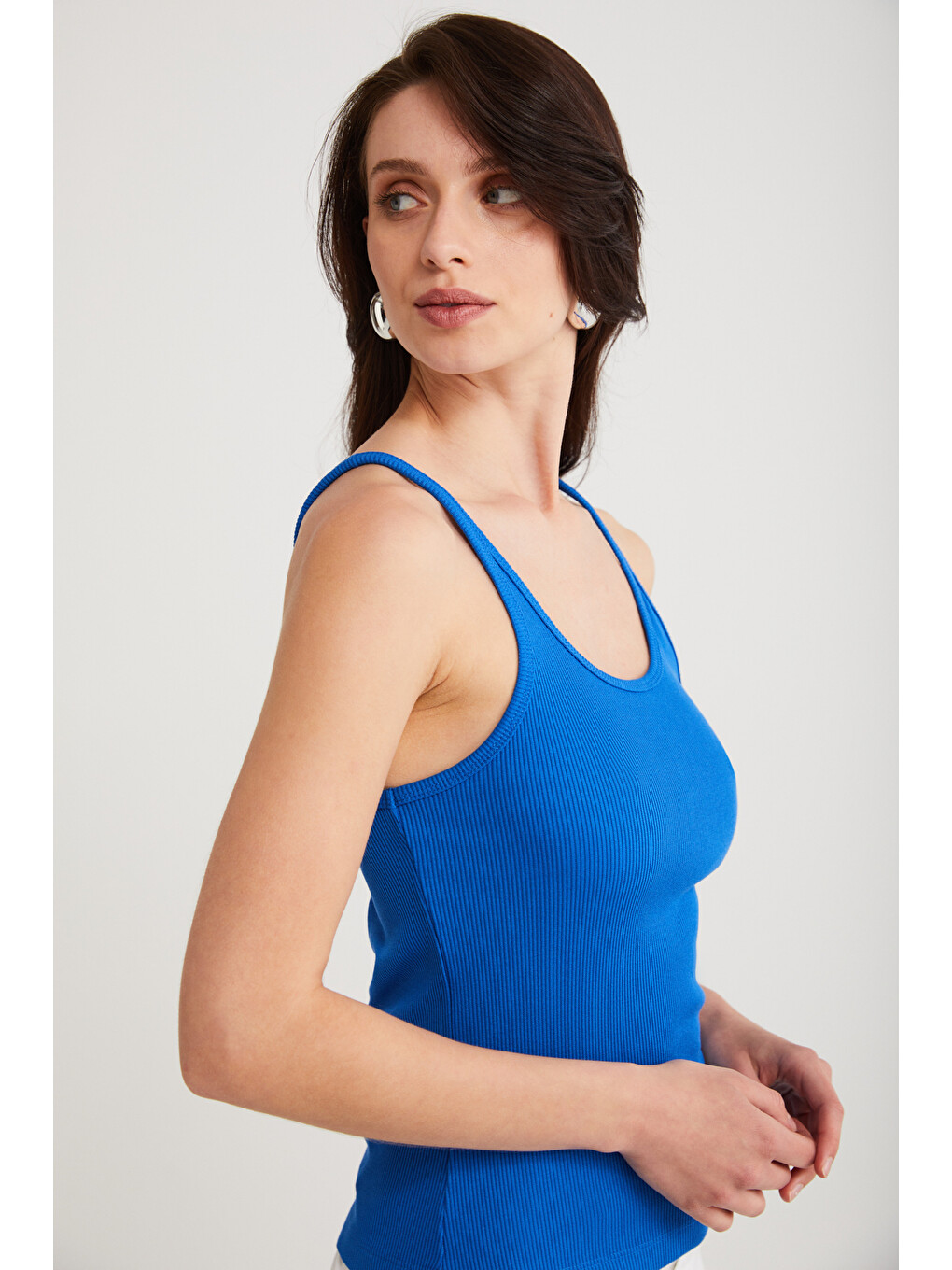 Lızeth Kadın Slim Fit Dar Kesim Oyuk Yaka İnce Askılı Basic Mavi Atlet-2