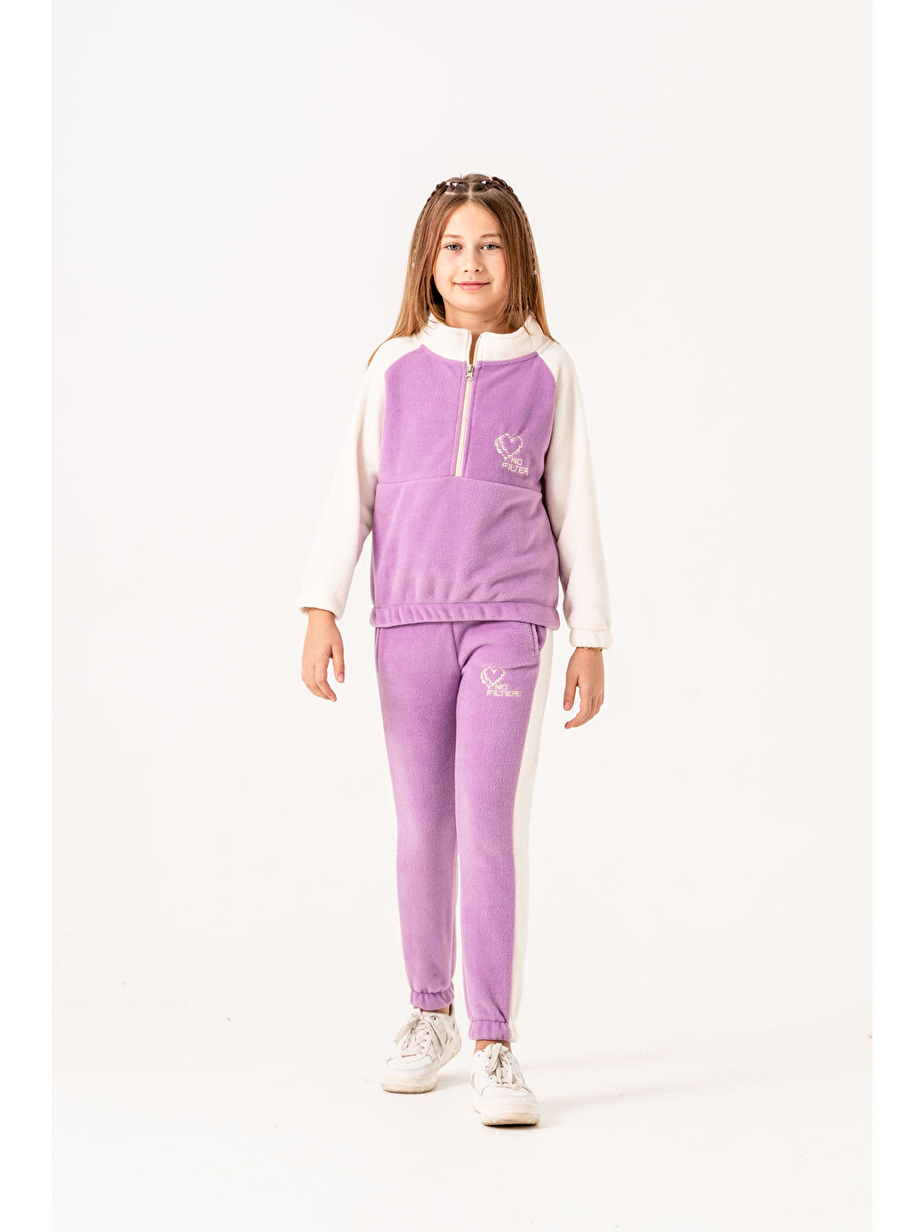 Lila Nakışlı Polar Kız Çocuk Alt-Üst Eşofman Takımı-1