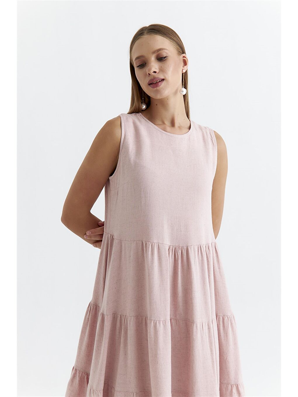 Askılı Katlı Mini Pudra Pembe Elbise-3