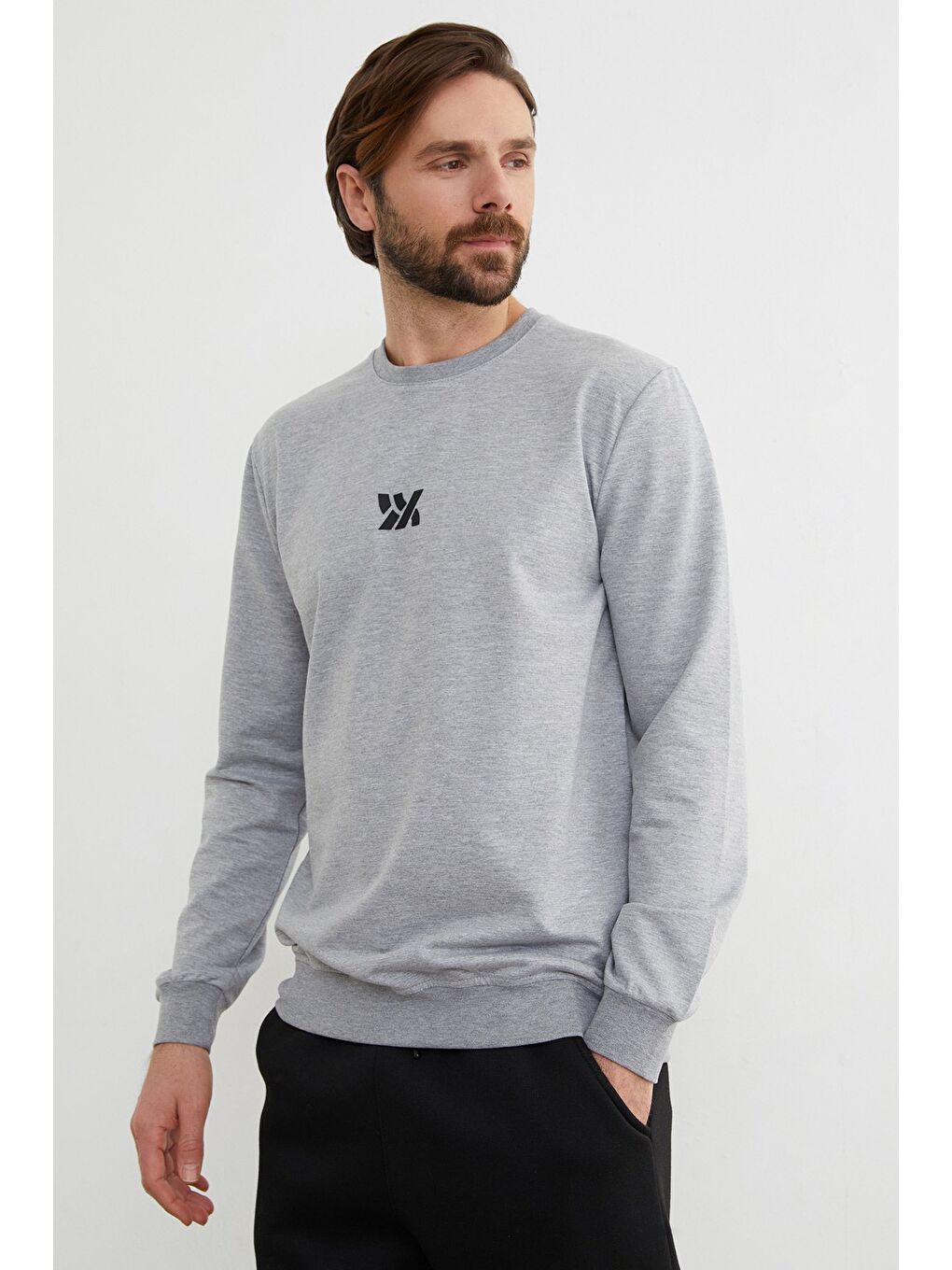 Gri Kabartma Baskılı Bisiklet Yaka Sweatshirt-2