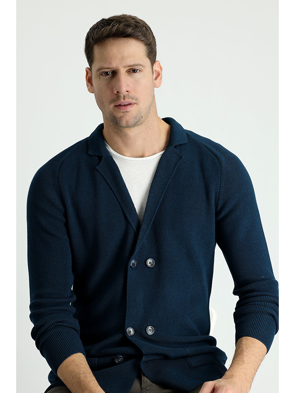 Petrol Kruvaze Pamuklu Triko Hırka