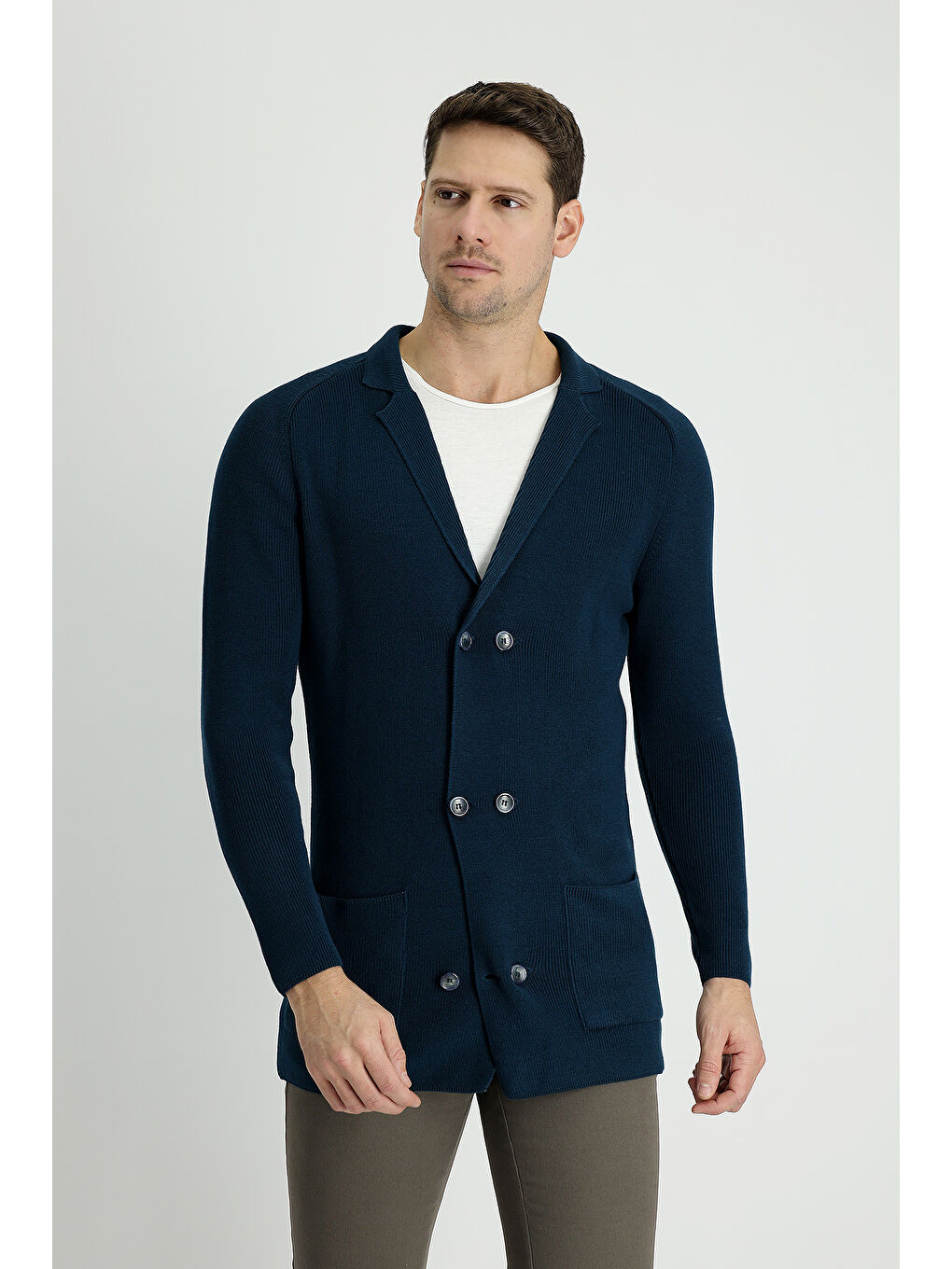 Petrol Kruvaze Pamuklu Triko Hırka-1