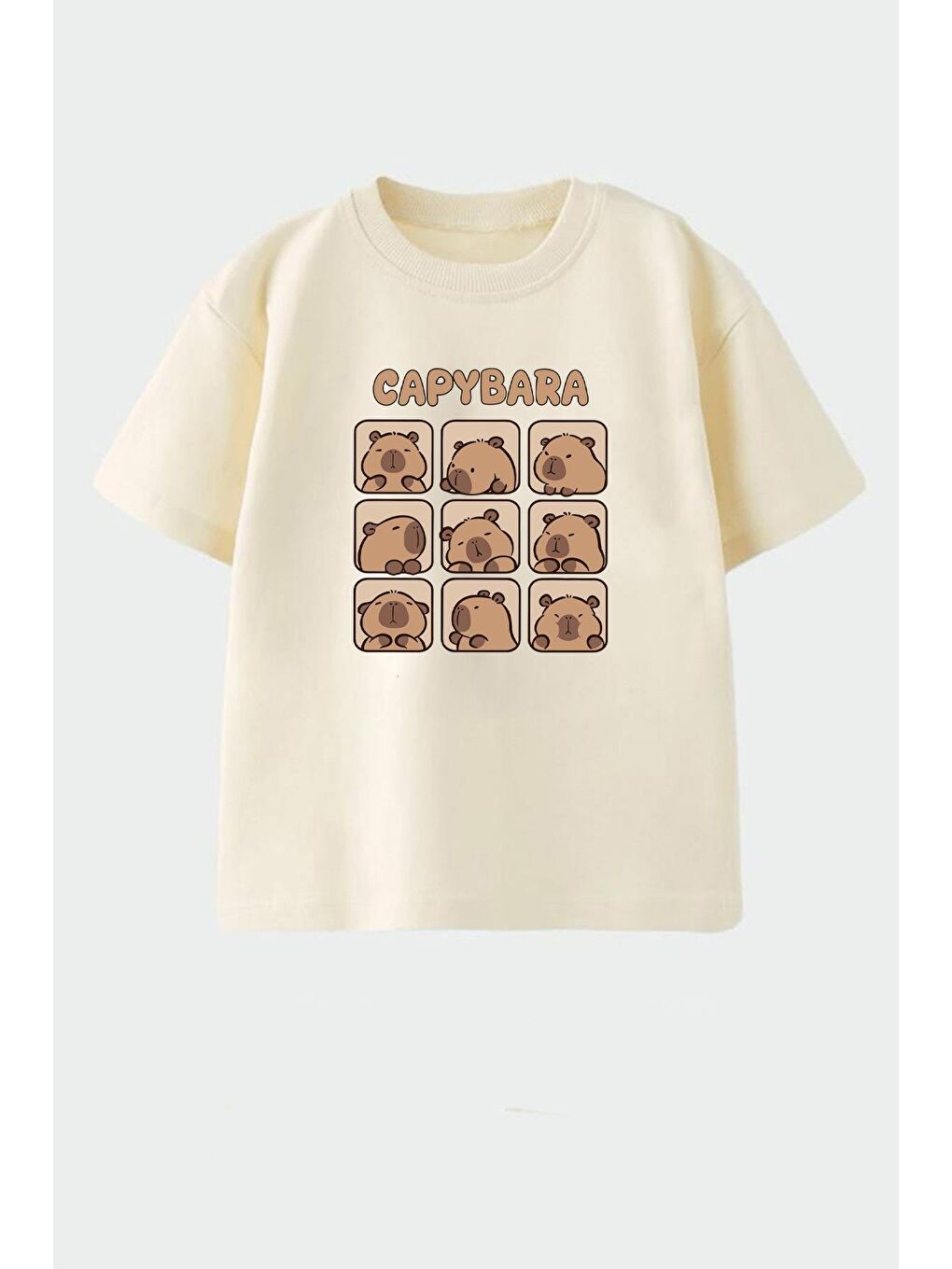 Bej Unisex Çocuk Pamuklu Bisiklet Yaka Baskılı T-Shirt