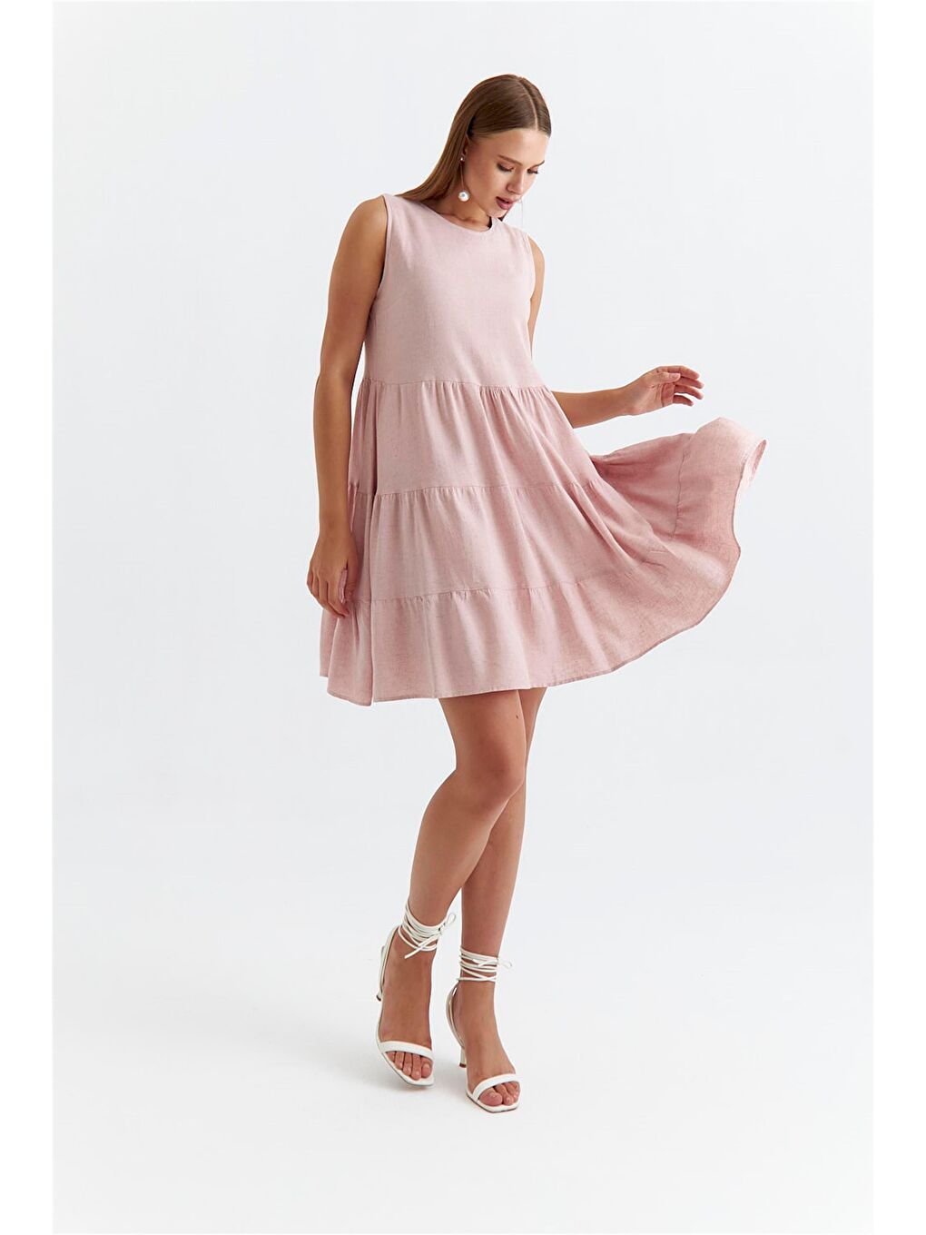 Askılı Katlı Mini Pudra Pembe Elbise-5