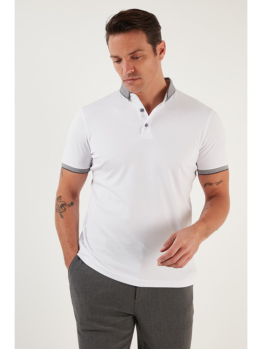 Buratti Antrasit-Beyaz Pamuklu Slim Fit Polo T Shirt 646R4560 - 3