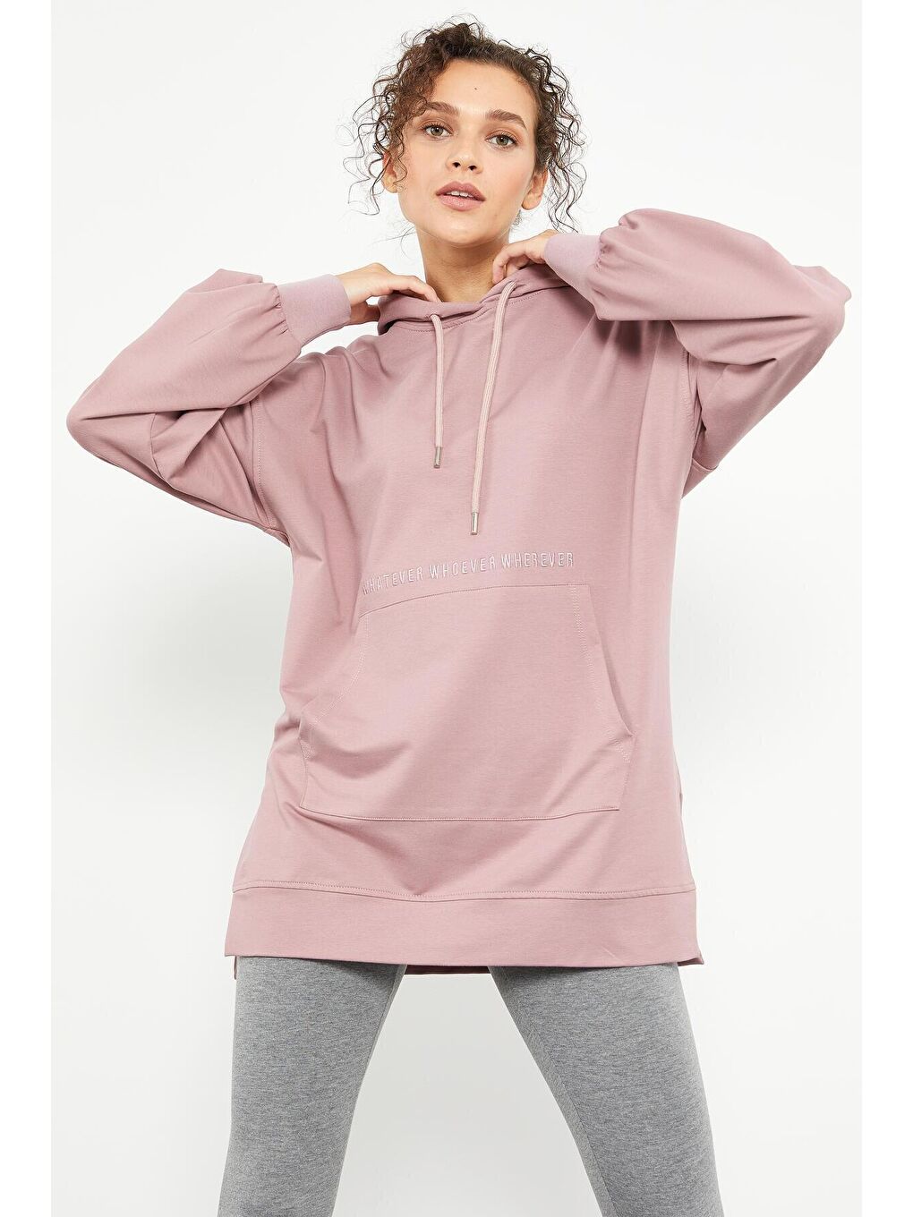 TOMMYLIFE Pembe Gül Kurusu Balon Kol Yazı Nakışlı Kadın Oversize Tunik Sweatshirt - 97163