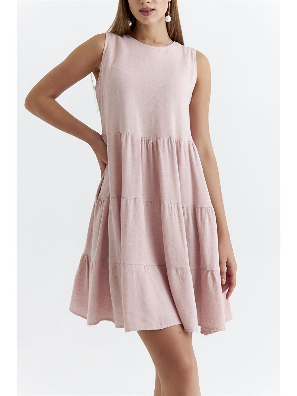 Askılı Katlı Mini Pudra Pembe Elbise-6