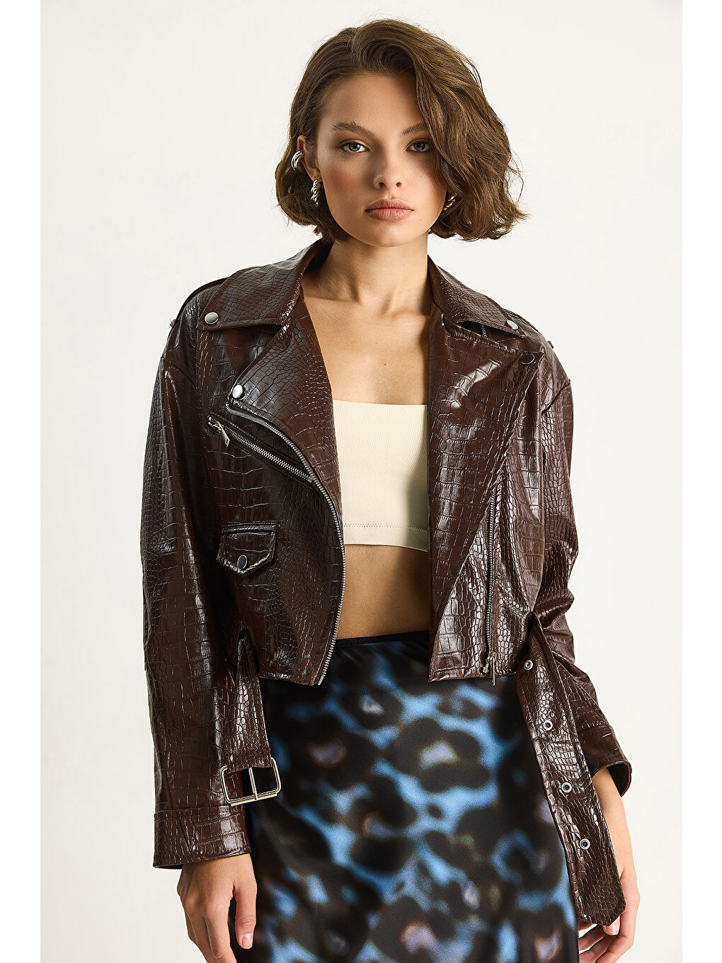 Kahverengi Kadın Kemerli Krokodil Crop Suni Deri Ceket-2